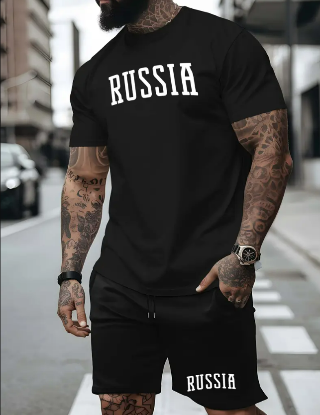 Комплект тениска RUSSIA и къси панталони RUSSIA - черен цвят
