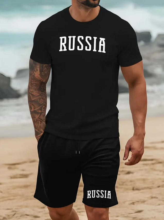Комплект тениска RUSSIA и къси панталони RUSSIA - черен цвят