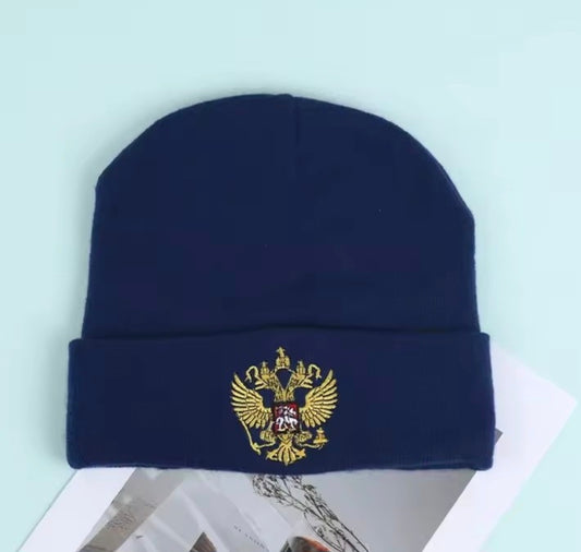 Бродирана синя  шапка с герб на Русия